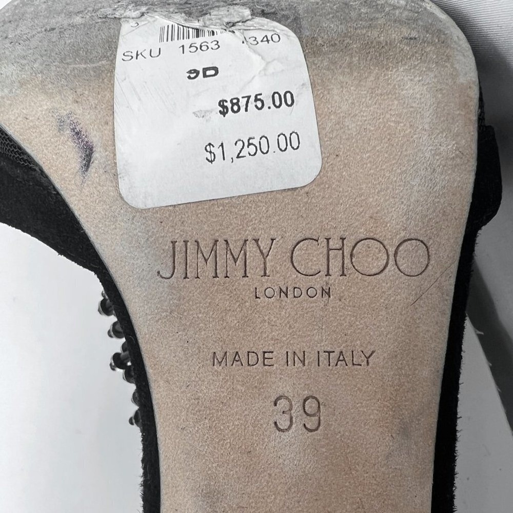 Jimmy Choo Crystal‎ Fringe Mesh T Strap Heels Black Suede 39 - Picture 7 of 9